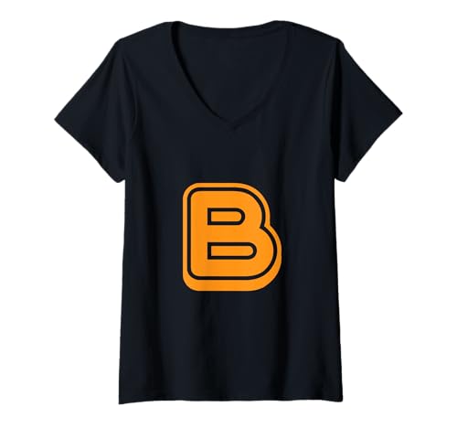 Damen Buchstabe "B" im Retro-Stil, Orange – Umriss-Design – Alphabet T-Shirt mit V-Ausschnitt von Retro Outline Letter Tees