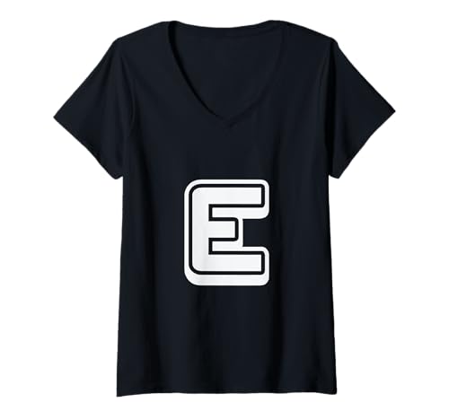 Damen Buchstabe E, Retro-Design, Weiß T-Shirt mit V-Ausschnitt von Retro Outline Letter Tees