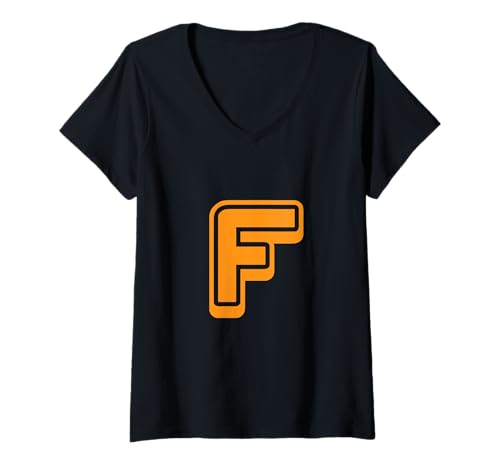 Damen Buchstabe "F" im Retro-Stil, Orange – Umriss-Design – Alphabet T-Shirt mit V-Ausschnitt von Retro Outline Letter Tees