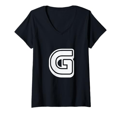 Damen Buchstabe G, Retro-Stil, Weiß T-Shirt mit V-Ausschnitt Damen Buchstabe G, Retro-Stil, Weiß T-Shirt mit V-Ausschnitt von Retro Outline Letter Tees
