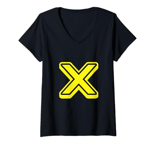 Damen Buchstabe X im Retro-Stil, Buchstabe in englischer Sprache, Gelb T-Shirt mit V-Ausschnitt von Retro Outline Letter Tees