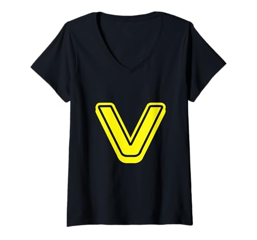 Damen Buchstabe im Retro-Stil, Buchstabe gelb, V – Umriss-Design – Alphabet T-Shirt mit V-Ausschnitt Damen Buchstabe im Retro-Stil, Buchstabe gelb, V – Umriss-Design – Alphabet T-Shirt mit V-Ausschnitt von Retro Outline Letter Tees