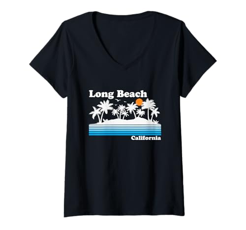 Damen Long Beach California Vintage 80er Jahre Tropical Vacation Sunset T-Shirt mit V-Ausschnitt Damen Long Beach California Vintage 80er Jahre Tropical Vacation Sunset T-Shirt mit V-Ausschnitt von Retro Palm Trees Beach Life Travel Design