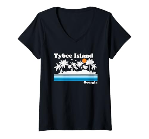 Damen Tybee Island Georgia Vintage 80er Jahre Tropischer Urlaub Sonnenuntergang T-Shirt mit V-Ausschnitt Damen Tybee Island Georgia Vintage 80er Jahre Tropischer Urlaub Sonnenuntergang T-Shirt mit V-Ausschnitt von Retro Palm Trees Beach Life Travel Design