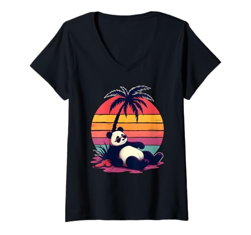Damen Retro Sonnenuntergang Relaxing Panda mit Sonnenbrille T-Shirt mit V-Ausschnitt Damen Retro Sonnenuntergang Relaxing Panda mit Sonnenbrille T-Shirt mit V-Ausschnitt von Retro Panda Bear Sunset