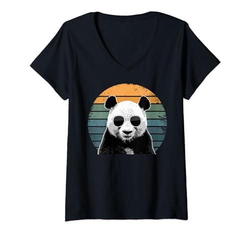 Damen Panda mit Sonnenbrille Vintage T-Shirt mit V-Ausschnitt von Retro Panda Geschenke Shop