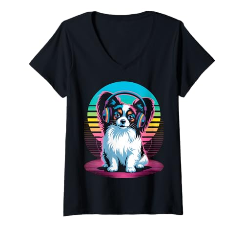 Damen Papillon Hund Retro T-Shirt mit V-Ausschnitt Damen Papillon Hund Retro T-Shirt mit V-Ausschnitt von Retro Papillon Vibes Co.