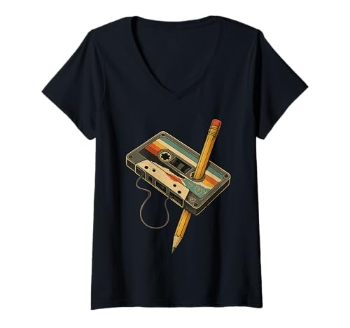 Damen Retro Party Kassette Kostüm 80er 90er Jahre Nostalgie Vibes T-Shirt mit V-Ausschnitt Damen Retro Party Kassette Kostüm 80er 90er Jahre Nostalgie Vibes T-Shirt mit V-Ausschnitt von Retro Party Cassette Nostalgia Costume Wearers
