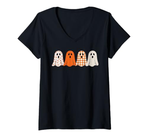 Damen Niedlicher adretter floraler Patchwork-Geist Halloween Boo Kürbis T-Shirt mit V-Ausschnitt Damen Niedlicher adretter floraler Patchwork-Geist Halloween Boo Kürbis T-Shirt mit V-Ausschnitt von Retro Patchwork Ghosts Cozy Spooky Vibes Co.
