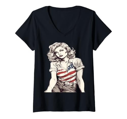 Damen Retro Patriotic Pin-up Vintage USA Flag American Beauty Girl T-Shirt mit V-Ausschnitt von Retro Patriotic Pinup Vintage USA Flag Beauty Girl
