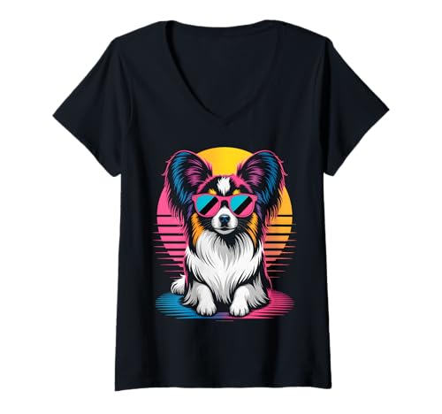 Damen Cooler Papillon-Hund T-Shirt mit V-Ausschnitt Damen Cooler Papillon-Hund T-Shirt mit V-Ausschnitt von Retro Paws Apparel Co.