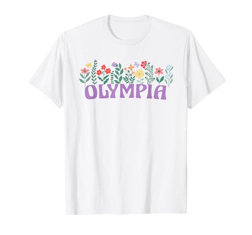 Retro Personalized Girl Name Tees Olympia Vorname Muttertag Damen T-Shirt Weiß Klein EU S Crew Neck Klassisch Floral Wildblumen Olympia Muttertags Shirt von Retro Personalized Girl Name Tees
