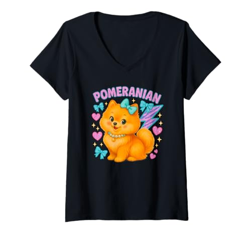 Damen Y2K Pommern mit rosa Herzen und Blitzen T-Shirt mit V-Ausschnitt Damen Y2K Pommern mit rosa Herzen und Blitzen T-Shirt mit V-Ausschnitt von Retro Pet Chaos
