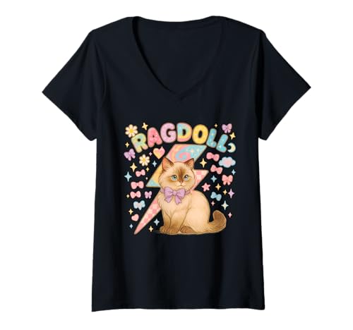 Damen Y2K Ragdoll-Katze mit Blitz- und Pastellschleifen T-Shirt mit V-Ausschnitt Damen Y2K Ragdoll-Katze mit Blitz- und Pastellschleifen T-Shirt mit V-Ausschnitt von Retro Pet Chaos