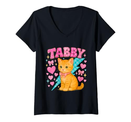 Damen Y2K getigerte Katze mit Blitz und Herzen T-Shirt mit V-Ausschnitt von Retro Pet Chaos