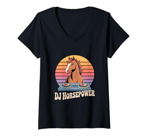 Damen DJ Horsepower Pferd DJ Retro Sonnenuntergang Party T-Shirt mit V-Ausschnitt von Retro Pferd DJ Musik Party Sonnenuntergang