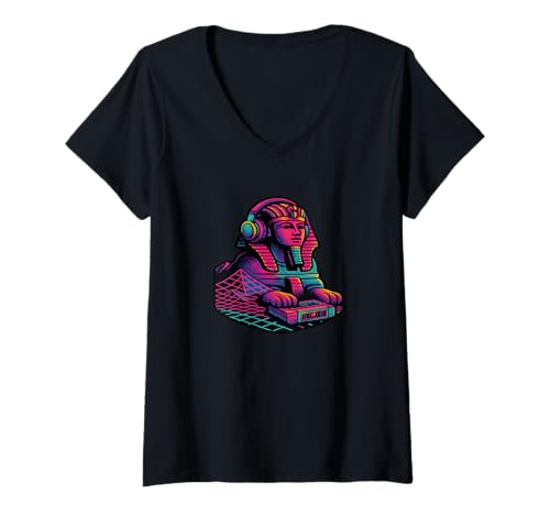 Damen Vaporwave Sphinx Kopfhörer Kassette Tape T-Shirt mit V-Ausschnitt Damen Vaporwave Sphinx Kopfhörer Kassette Tape T-Shirt mit V-Ausschnitt von Retro Pharaoh Beats