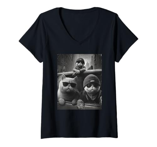 Damen Lustige Katzengangster, urbaner Humor, New York Streets T-Shirt mit V-Ausschnitt von Retro Photo Street Cats Gangsta NYC Design