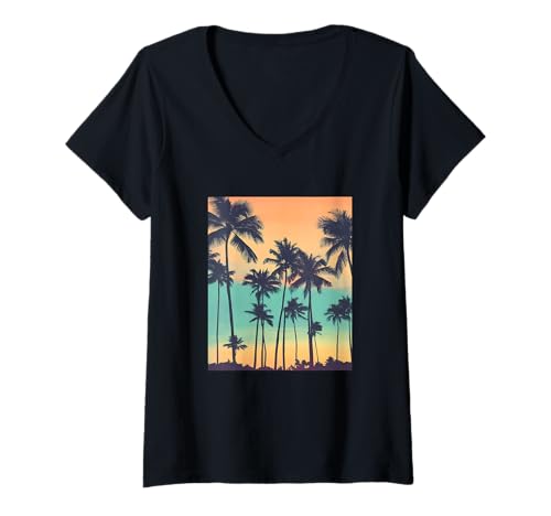 Damen Vintage Farbfoto von Palmen Sonnenuntergang Insel Fotografie T-Shirt mit V-Ausschnitt Damen Vintage Farbfoto von Palmen Sonnenuntergang Insel Fotografie T-Shirt mit V-Ausschnitt von Retro Photos Rainbow Color Sunset Scenic Aesthetic