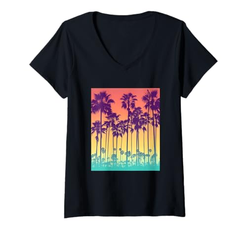 Damen Vintage Farbfoto von Palmen Sonnenuntergang Insel Fotografie T-Shirt mit V-Ausschnitt von Retro Photos Rainbow Sunset Tropical Aesthetic