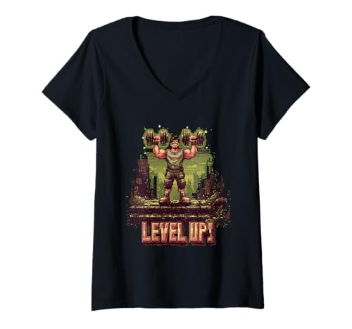 Damen Level Up Strength Retro Gaming Pixel für Männer T-Shirt mit V-Ausschnitt von Retro Pixel Fitness Gamer Artwork Co.