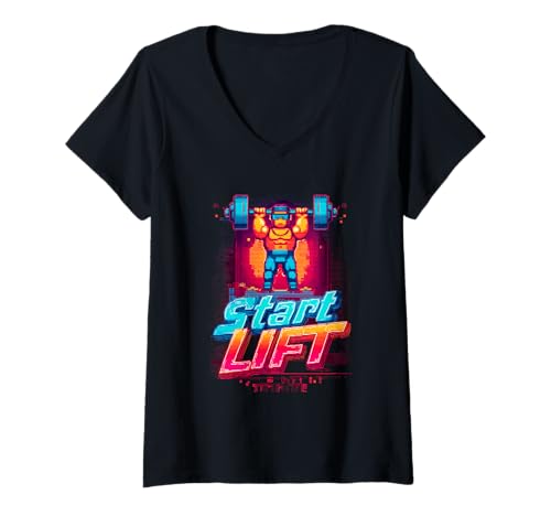 Damen Start Lift Strength Retro Gaming Pixel für Männer T-Shirt mit V-Ausschnitt von Retro Pixel Fitness Gamer Artwork Co.