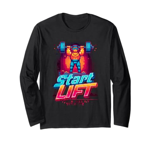 Start Lift Strength Retro Gaming Pixel für Männer Langarmshirt von Retro Pixel Fitness Gamer Artwork Co.