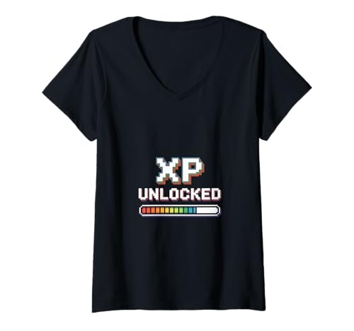 Damen XP Unlocked Retro Pixel Gamer Level Aufgestiegen T-Shirt mit V-Ausschnitt Damen XP Unlocked Retro Pixel Gamer Level Aufgestiegen T-Shirt mit V-Ausschnitt von Retro Pixel Gamer Level Up Erfolg Zocker