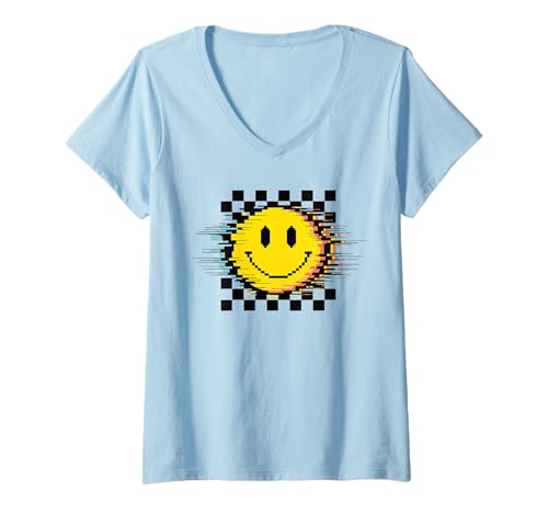 Damen Retro Glitch Happy Face Pixel Art Distorted Smile Face 80er Jahre T-Shirt mit V-Ausschnitt Damen Retro Glitch Happy Face Pixel Art Distorted Smile Face 80er Jahre T-Shirt mit V-Ausschnitt von Retro Pixel Glitch Happy Face Graphic Shirt Co.