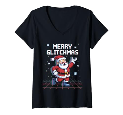 Damen Weihnachten Pixel Santa Merry Glitchmas Retro Gamer 8 Bit T-Shirt mit V-Ausschnitt Damen Weihnachten Pixel Santa Merry Glitchmas Retro Gamer 8 Bit T-Shirt mit V-Ausschnitt von Retro Pixel Nikolaus 8 Bit Gaming Weihnachten