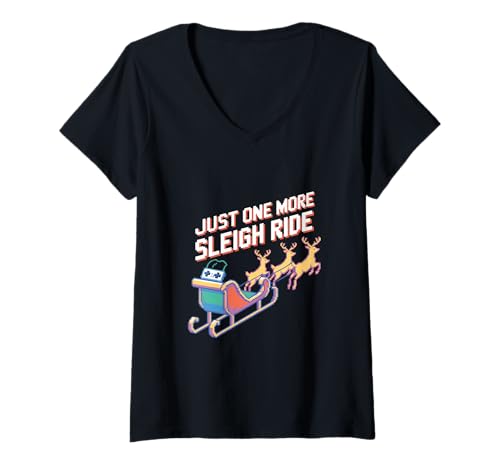 Damen Gamer Weihnachten Just One More Sleigh Ride Pixel T-Shirt mit V-Ausschnitt Damen Gamer Weihnachten Just One More Sleigh Ride Pixel T-Shirt mit V-Ausschnitt von Retro Pixel Weihnachten Gamer Rentierschlitten