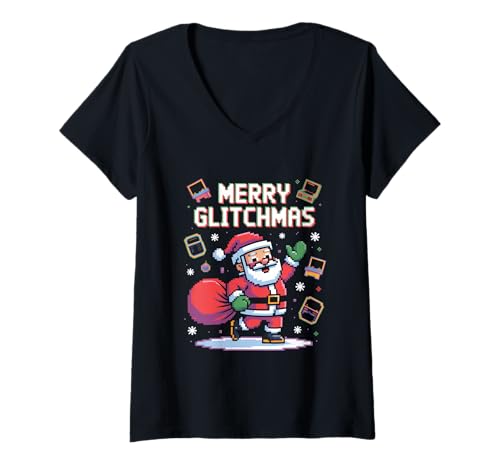 Damen Weihnachten Pixel Santa Gamer Merry GLITCHMAS T-Shirt mit V-Ausschnitt Damen Weihnachten Pixel Santa Gamer Merry GLITCHMAS T-Shirt mit V-Ausschnitt von Retro Pixel Weihnachten Gaming Nerd Santa