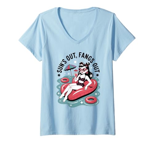 Damen Summerween Sun's Out Fangs Out Lustiger Sommer Halloween Pool T-Shirt mit V-Ausschnitt Damen Summerween Sun's Out Fangs Out Lustiger Sommer Halloween Pool T-Shirt mit V-Ausschnitt von Retro Pool Party Humor Tropical Undead Aesthetic