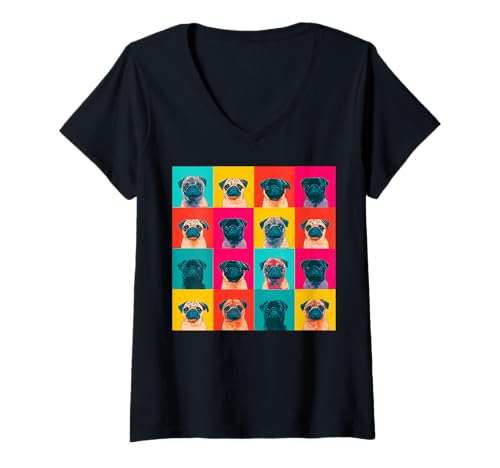 Damen Bunte Pop Art Mops - Retro Dog Lover Design T-Shirt mit V-Ausschnitt Damen Bunte Pop Art Mops - Retro Dog Lover Design T-Shirt mit V-Ausschnitt von Retro Pop Art Pet Designs
