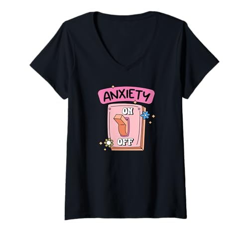 Damen Lustiges Mental Health Shirt mit Angstschalter Humor Grafik T-Shirt mit V-Ausschnitt Damen Lustiges Mental Health Shirt mit Angstschalter Humor Grafik T-Shirt mit V-Ausschnitt von Retro Positive Awareness Graphic Tee Co.
