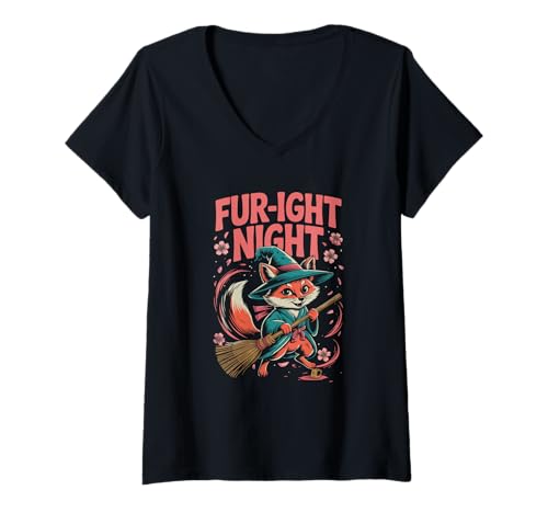 Damen Fuchs Hexenbesen Fell Ight Nacht Halloween T-Shirt mit V-Ausschnitt Damen Fuchs Hexenbesen Fell Ight Nacht Halloween T-Shirt mit V-Ausschnitt von Retro Quirk Collective