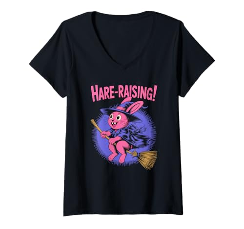 Damen Hase aufziehender rosa Häschen Hexe auf Besen süßes Halloween T-Shirt mit V-Ausschnitt Damen Hase aufziehender rosa Häschen Hexe auf Besen süßes Halloween T-Shirt mit V-Ausschnitt von Retro Quirk Collective