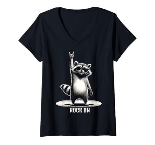 Damen Retro Raccoon Rockmusik Design lustig T-Shirt mit V-Ausschnitt von Retro Raccoon Rock on
