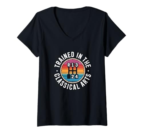 Damen Trained In The Classical Arts 4-Gang-Schaltgetriebe T-Shirt mit V-Ausschnitt Damen Trained In The Classical Arts 4-Gang-Schaltgetriebe T-Shirt mit V-Ausschnitt von Retro Racer Racing Car - DressedForDuty