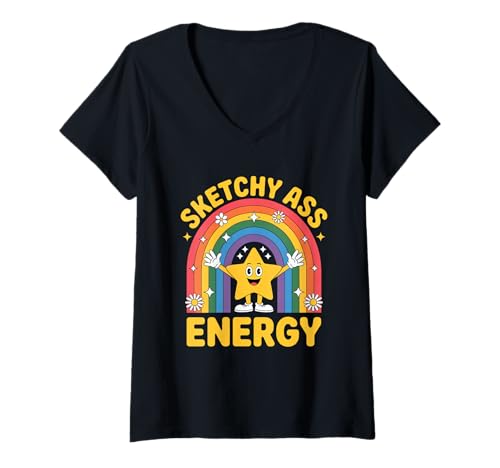 Damen Sketchy Ass Energy Lustiges Retro-Regenbogen-Stern-Hemd T-Shirt mit V-Ausschnitt Damen Sketchy Ass Energy Lustiges Retro-Regenbogen-Stern-Hemd T-Shirt mit V-Ausschnitt von Retro Rainbow Star Funny Vibes