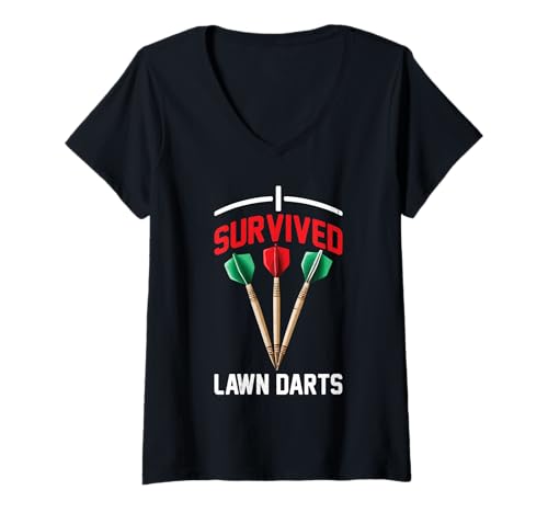 Damen I Survived Lawn Darts Klassischer Hof Nostalgie Spielspaß - T-Shirt mit V-Ausschnitt von Retro -Rasenpfleger Nostalgie