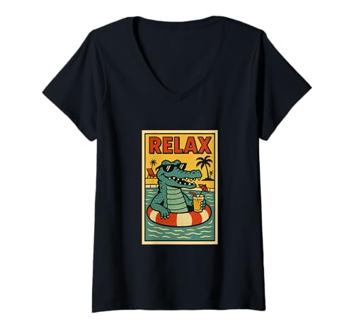 Damen Alligator Relaxing Animal Vintage Relax Krokodil Retro T-Shirt mit V-Ausschnitt Damen Alligator Relaxing Animal Vintage Relax Krokodil Retro T-Shirt mit V-Ausschnitt von Retro Relax Prints