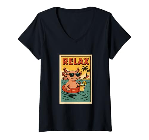 Damen Axolotl Entspannendes süßes Tier im Vintage-Look Axolotl Relax Retro T-Shirt mit V-Ausschnitt von Retro Relax Prints