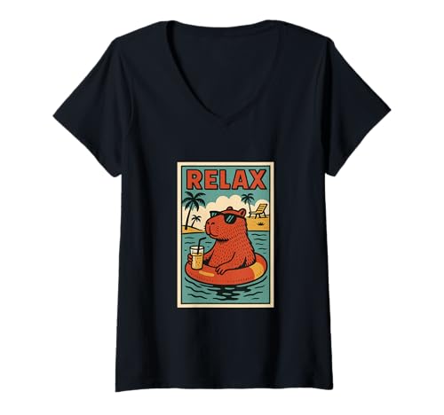 Damen Capybara Entspannendes Tier, Vintage-Print Capybara Relax, Retro-Design T-Shirt mit V-Ausschnitt von Retro Relax Prints