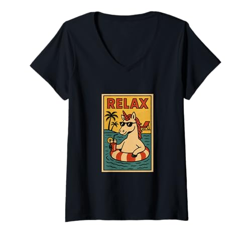 Damen Einhorn Relaxing Pool Niedliches Tier Vintage Relax Print Retro T-Shirt mit V-Ausschnitt Damen Einhorn Relaxing Pool Niedliches Tier Vintage Relax Print Retro T-Shirt mit V-Ausschnitt von Retro Relax Prints