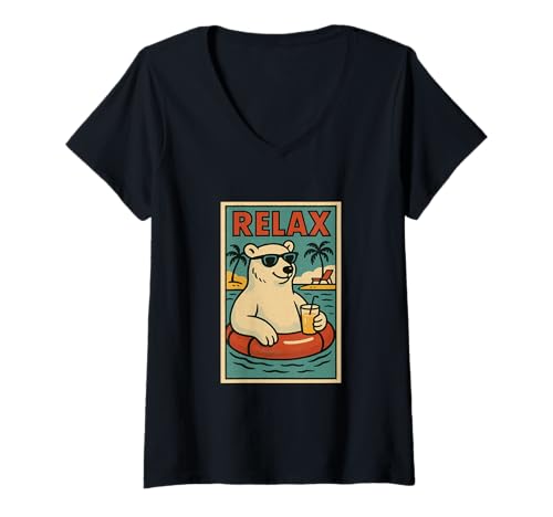 Damen Eisbär Relax Cute Animal Vintage Relaxing Print Retro T-Shirt mit V-Ausschnitt Damen Eisbär Relax Cute Animal Vintage Relaxing Print Retro T-Shirt mit V-Ausschnitt von Retro Relax Prints