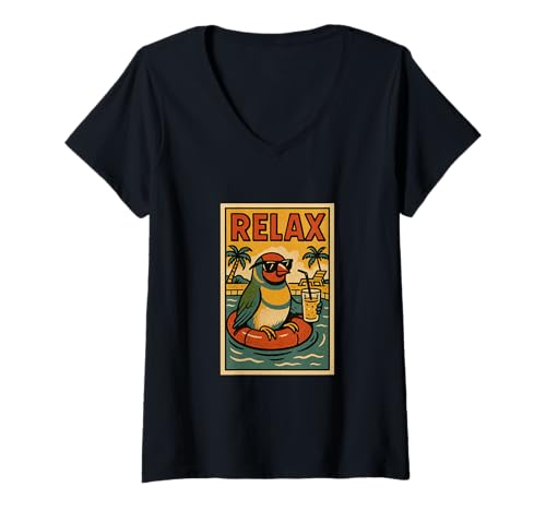 Damen Gouldian Finke Relaxing Bird Vintage Relax Print Retro T-Shirt mit V-Ausschnitt Damen Gouldian Finke Relaxing Bird Vintage Relax Print Retro T-Shirt mit V-Ausschnitt von Retro Relax Prints