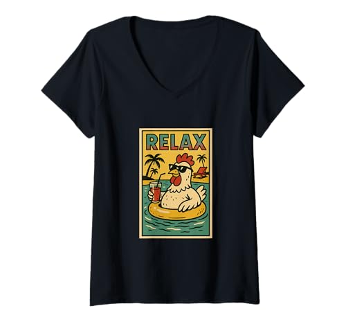 Damen Huhn Relaxing Animal Vintage Relax Farmer Print Retro T-Shirt mit V-Ausschnitt Damen Huhn Relaxing Animal Vintage Relax Farmer Print Retro T-Shirt mit V-Ausschnitt von Retro Relax Prints