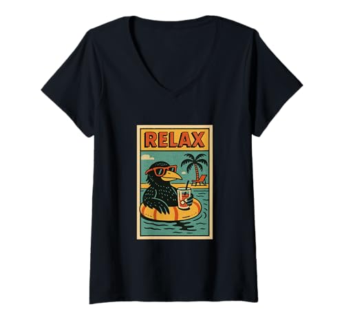 Damen Krähe Relaxing Bird Vintage Relax Print Retro T-Shirt mit V-Ausschnitt Damen Krähe Relaxing Bird Vintage Relax Print Retro T-Shirt mit V-Ausschnitt von Retro Relax Prints