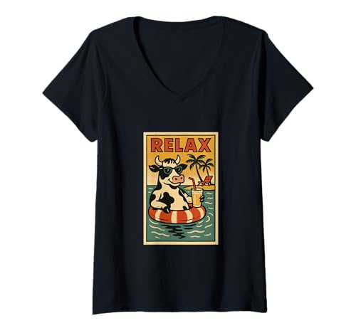 Damen Kuh Relaxing Cute Animal Vintage Relax Print Retro T-Shirt mit V-Ausschnitt Damen Kuh Relaxing Cute Animal Vintage Relax Print Retro T-Shirt mit V-Ausschnitt von Retro Relax Prints